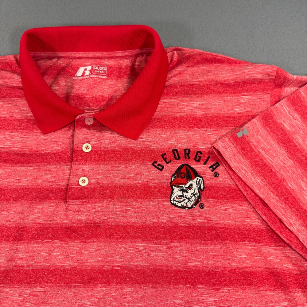 Russell Athletic Georgia Bulldogs Mens 2XL Red Striped Space Dye Polo Shirt
